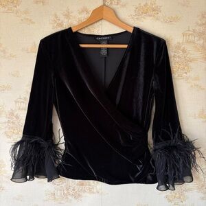 Vintage Y2K Cachet Velvet Wrap Top Feather Trim Whimsigoth Blouse Size M